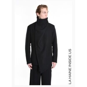 LA HAINE‎ INSIDE US Men's Designer Asymmetrical Draped Wool Black Coat NWT Sz L